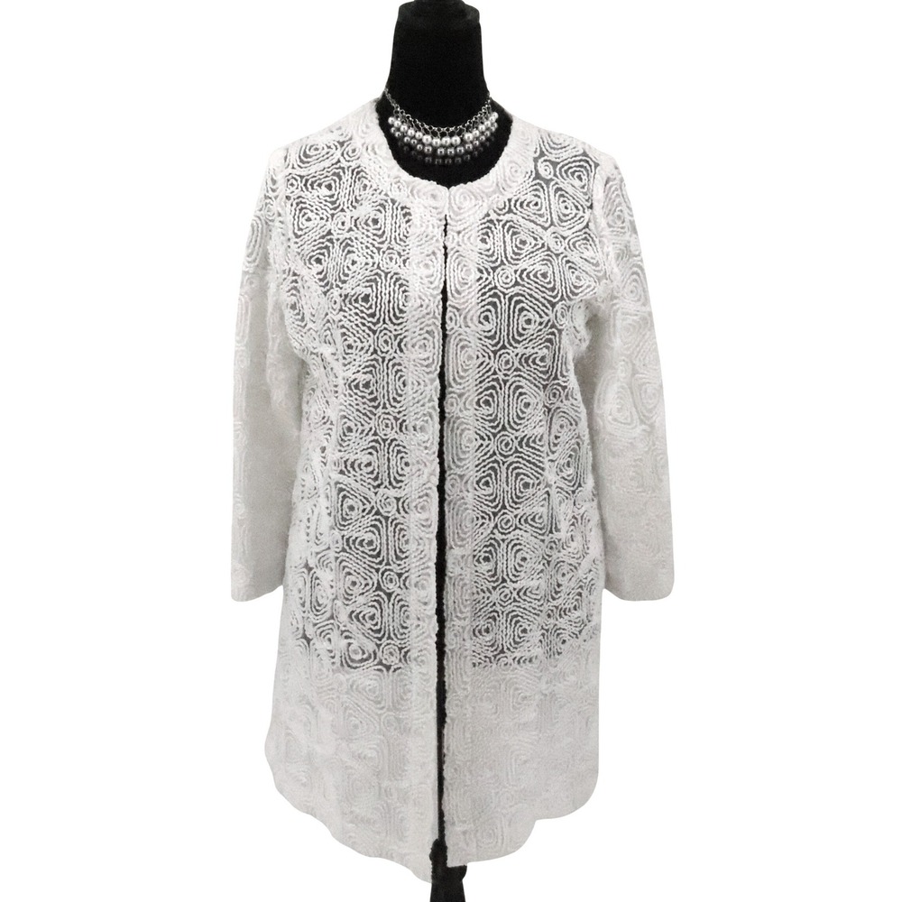 Kasper Swirl Embroidered Lace Duster Cardigan Womens Size M White Wedding Party